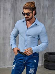 Manfinity Homme 男士纯色长袖纯色衬衫 - 藍色 - 查看 5