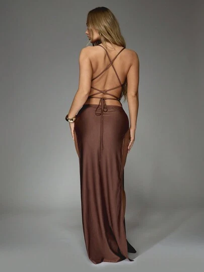 MISSGUIDED Slinky Cowl Neck Lace Up Back Spaghetti Strap Thigh High Double  Slit Maxi DressMISSGUIDED