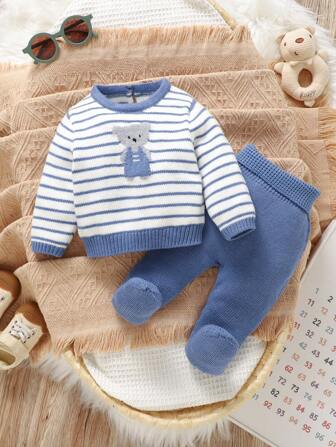SHEIN Vintaside Kids Baby Boy Schattige Beer Jacquard Pasgeboren Babyset, Inclusief Ronde Hals Lange Mouw Gestreepte Top En Hoge Taille Buik Bedekkende Voetbroek, Casual & Minimalistische Stijl, Comfortabel & Schattig Dagelijks Draagbaar