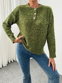 SHEIN LUNE Women Casual Drop Shoulder Round Neck Mix Knitted Sweater, Autumn/Winter Fall - Green - View 4