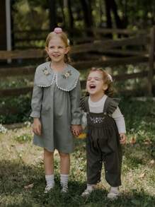 SHEIN Baby Girl Fluffy High Collar Sweater & Corduroy Cap Sleeve Jumpsuit Set, New Arrival Autumn/Winter Warm And Comfortable, Stylish Korean Fashion, Casual Outfit