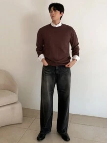 DAZY 1pc Men's Solid Color Round Neck Long Sleeve Casual Sweater, Autumn/Winter - Coffee Brown - View 4