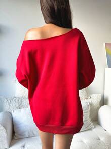 SHEIN EZwear Áo nỉ dày in ren nơ trễ vai rộng rãi thoải mái cho Giáng sinh - Đỏ - Xem 2