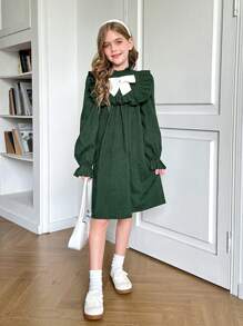 SHEIN Leap Crew Tween Girl Woven Lace Embroidery Square Collar Lantern Sleeve Long Sleeve Fitted Elegant Casual Dress, Thanksgiving,Casual Outing - Orange - View 8