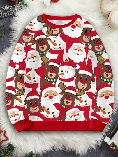 Manfinity Homme Mode Kerst Cartoon Elementen Allover Digitale Print Getailleerde Ronde Hals Pullover Sweatshirt Met Thermische Voering Voor Mannen Met Een Maatje Meer