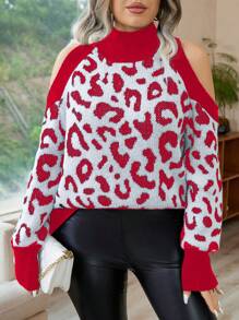 Calvaya Plus Size Leopard Print Jacquard Open Shoulder Sweater, Suitable For Autumn/Winter For New Year Knit Pullover Fall - Red - View 3