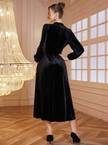 Modelyn Elegant Velvet Embroidered Dress, Winter - Black - View 3