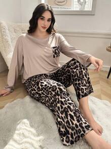 Color Block Pocket Leopard Print Plus Size Women Long Sleeve Top And Pants Pajama Set, Cozy Outfits, Fall Winter Clothes - Multicolor - View 2