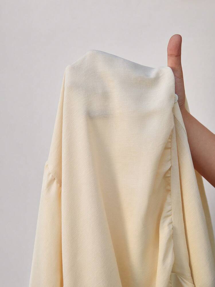 Plus Size Khaki Elegant Everyday Mom Khaki Ruffle Hem Lantern Sleeve Loose Smock Dress, Winter Women Clothes