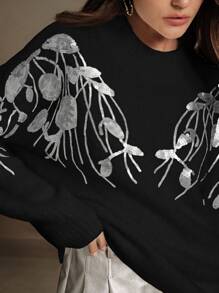 Anewsta Jersey holgado de punto con bordados florales y decoración de lentejuelas para mujeres en otoño/invierno