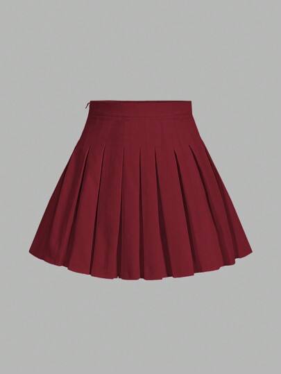 SHEIN EZwear Women Woven Solid Color Pleated Zipper Casual Skirt