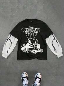 Manfinity Roghcode Sudadera casual de cuello redondo con estampado gráfico de contraste, ropa de calle de manga larga con bloque de color, ideal como regalo para amigos, esposo o novio - Multicolor - Ver 1