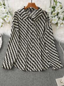 Flirla Plus Size Women Geometric Print Long Sleeve Lapel Shirt - Multicolor - View 4