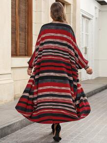 SHEIN Clasi Curvy Plus Size 女装优质面料复古红条纹长袖长大衣+高弹无袖黑色背心包臀连衣裙长裙两件套，日常居家出游休闲装，圣诞大码女装，针织连衣裙，新年装 - 彩色 - 查看 8