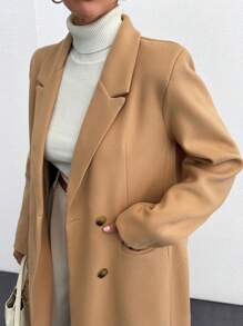 SHEIN Cottnline Women's Solid Double-Breasted Elegant Long Sleeve Overcoat, Autumn/Winter - Khaki - View 6