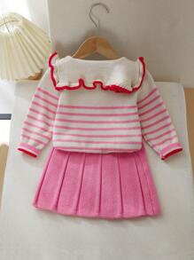 2pcs Baby Girl Collegiate Style Knit Set, Ruffled Cape Collar Cute Embroidery Pattern Striped Sweater And Pleated Skirt, Autumn/Winter - Pink - View 2