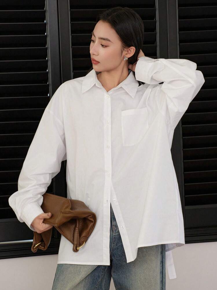 1pc Women Drawstring Waist Minimalist Design Long Sleeve Shirt,Fall Clothes