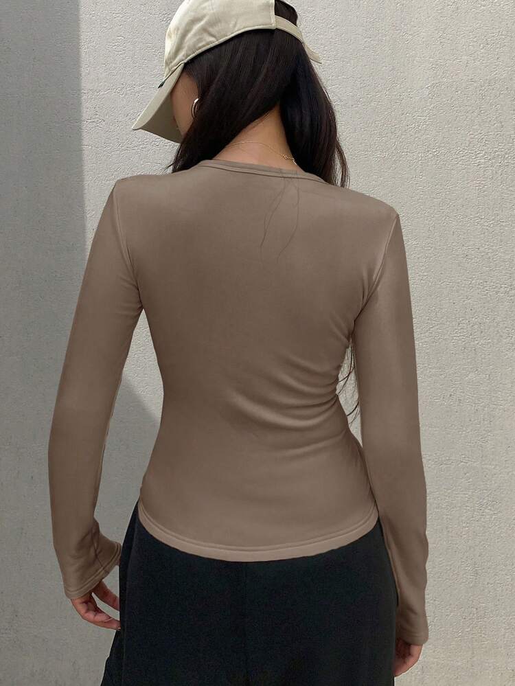 Women Casual Solid Color Fleece T-Shirt, Autumn/Winter Preppy Tops Long Sleeve Women Tops,Thermal Lined