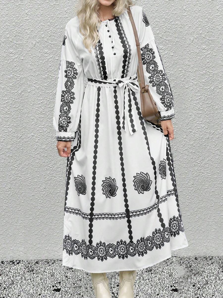 SHEIN LUNE 2024 女式时尚数码全印花花卉装饰领连衣裙长款女装 - 白色 - 查看 1