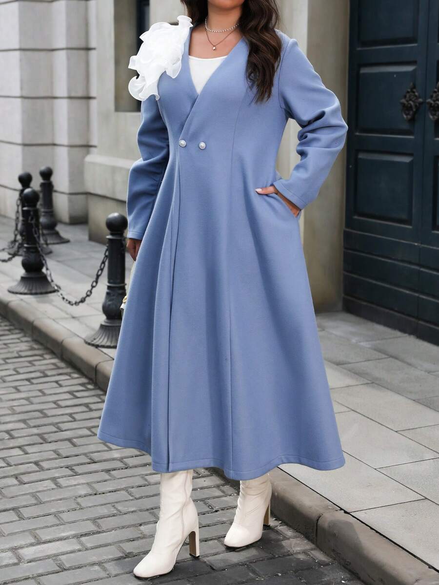 SHEIN Unity Plus Size Women Solid Color Woven V-Neck Buttoned Cinched Waist Flared Hem Floral Decor Regular Work Dress, For Winter Fall Cloth For Women