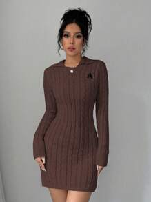 Elenzga Váy len dệt kim bó sát cổ polo thêu chữ thường ngày cho nữ - Cà phê nâu - Xem 5