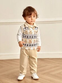 SHEIN 2pcs Baby Boys 0-3 Years Old Warm Autumn/Winter Classic Gentleman Style Elegant Striped Teddy Bear Khaki 2 In 1 Shirt Collar Sleeveless Vest 2 In 1 Top + Long Sleeve Outfit Set, Suitable For Outing - Khaki - View 3