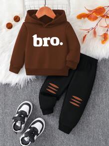 Ensemble Sweat-shirt à capuche avec impression de lettres "Bro" et pantalon de survêtement imprimé délavé pour bébé garçon