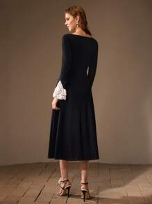 MOTF PREMIUM BOAT NECK CONTRAST GUIPURE LACE FLARE SLEEVE DRESS WITHOUT BELT - Black - View 6