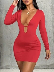 VaVaBold Women's Minimalist Hollow V Neck Short Dress, Sexy And Casual For Daily Wear For New Year Clothes - Red - View 1