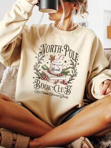 INAWLY 圣诞快乐姜饼和咖啡印花女士长袖圆领运动衫，秋冬季休闲款