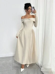 Rafferiza 1 件女士优雅露肩扭纹前拼布编织连衣裙长款女装 - 杏色 - 查看 1