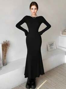 INAWLY 1pc Women Solid Color Boat Neck Slim Fit Elegant Long Sleeve Long Dress Fall Cloth For Women - Black - View 3