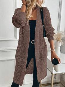 SHEIN LUNE 女士休闲纯色落肩宽松拼布口袋长款开衫 - 咖啡棕 - 查看 1