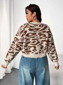 Calvaya Plus Size Women Round Neck Leopard Pattern Casual Pullover Sweater, Short Style, Autumn/Winter Knit Pullover Fall - Multicolor - View 2