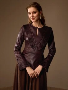 MOTF PREMIUM KEYHOLE NECK PLEATED PANEL TOP WITHOUT BELT - Burgundy - View 6