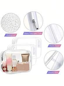 3PCS S M L Clear Toiletry Bags Waterproof Travel Storage Bags Portable Zipper Organizer Bathroom Essentials Airport Airline Compliant Transparent Cosmetic Bag Boho Vibes Aesthetic Travel Must Haves Vacation Beach Summer Accessories