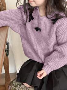 Dazy Kids Young Girl Casual Bowknot Decor Drop Shoulder Sweater, For Autumn/Winter