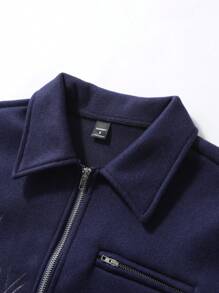 Manfinity EMRG Men's Casual Wolf Print Zipper Placket Long Sleeve Jacket, Autumn - Navy Blue - View 5