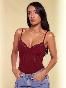 SHEIN BAE 睫毛蕾丝拼接紧身胸衣吊带连体衣 - 酒紅色 - 查看 5