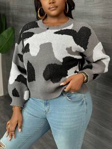 Slaydiva Casual Plus Size Women Camouflage Pattern Pullover Sweater, Olive Green - Grey - View 6