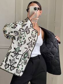 SHEIN Frenchy 女式休闲满版印花拼布口袋夹棉大衣，秋冬款 - 彩色 - 查看 3