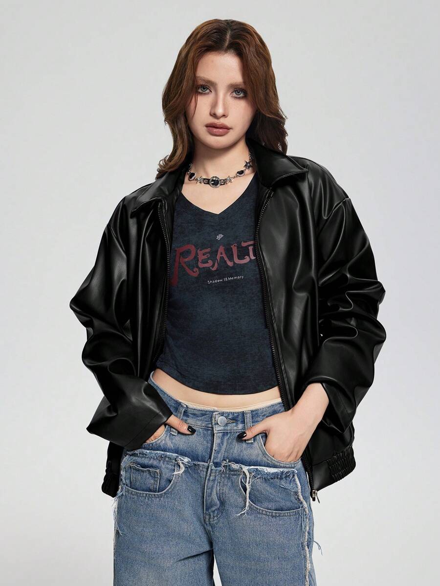 Sparklyn 少女朋克风格翻领拉链 PU 皮夹克，秋冬流行款 - 黑色 - 查看 1