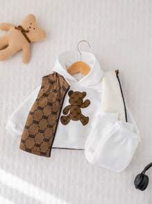 SHEIN 3pcs Baby Boy Cute Cartoon Letter Graphic Warm Thermal Lined Vest, Hoodie, And Pants Set, Suitable For Autumn, Winter, And Outdoor Activities Such As Skiing