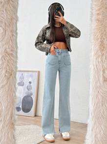 EURMUSE Casual Washed High Waist Straight Leg Jeans - Medium Wash - View 1