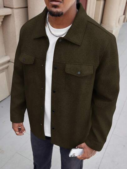 Manfinity Homme Veste décontractée à boutonnage simple de couleur unie pour homme grande taille, automne/hiver