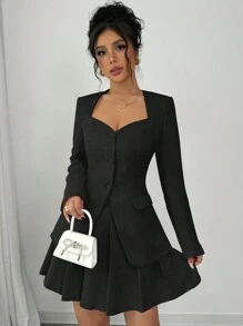 Selianne Women V-Neck Pink Fitted Blazer + Pleated Mini Skirt 2 Pieces Suit Set, Autumn Fall Cloth For Women - Black - View 3