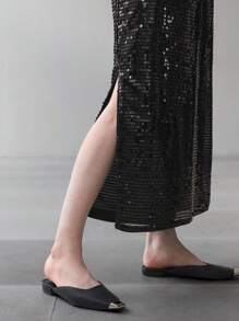 Ontre 适合派对/晚会的黑色亮片露背垂褶领长袖紧身连衣裙 - 黑色 - 查看 4
