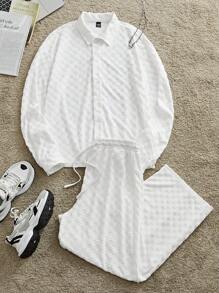 Manfinity VCAY Men 2pcs/Set Knitted Casual Daily Loose Fit Long Sleeve Shirt & Elastic Waist Straight Leg Pants Sports Suit - White - View 1