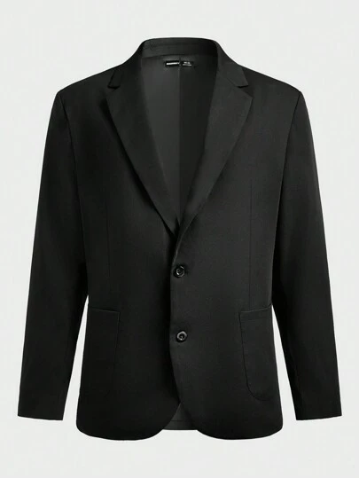 Calvornis Plus Men's Solid-Color Lapel Collar Long Sleeve Elegant Black Suit Jacket, Spring & Autumn