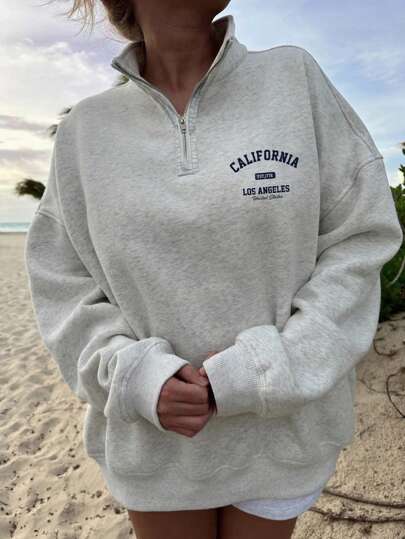 Veykashi Plus Size Letter Print Loose Fit Half Zip High Neck Sweatshirt, Suitable For Autumn/Winter Fall
